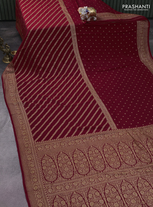 Banarasi crepe saree maroon with half & half style and woven border