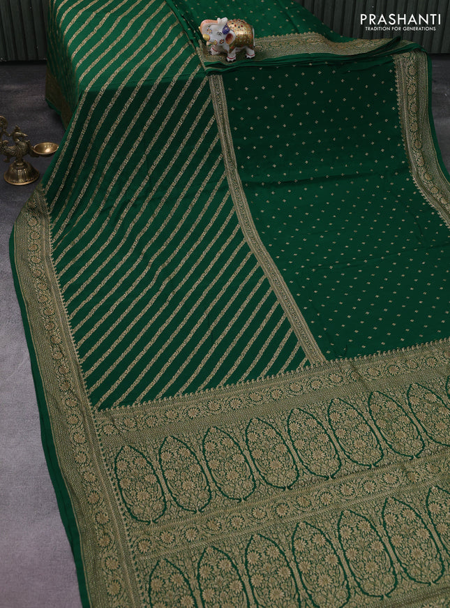 Banarasi crepe saree green with half & half style and woven border