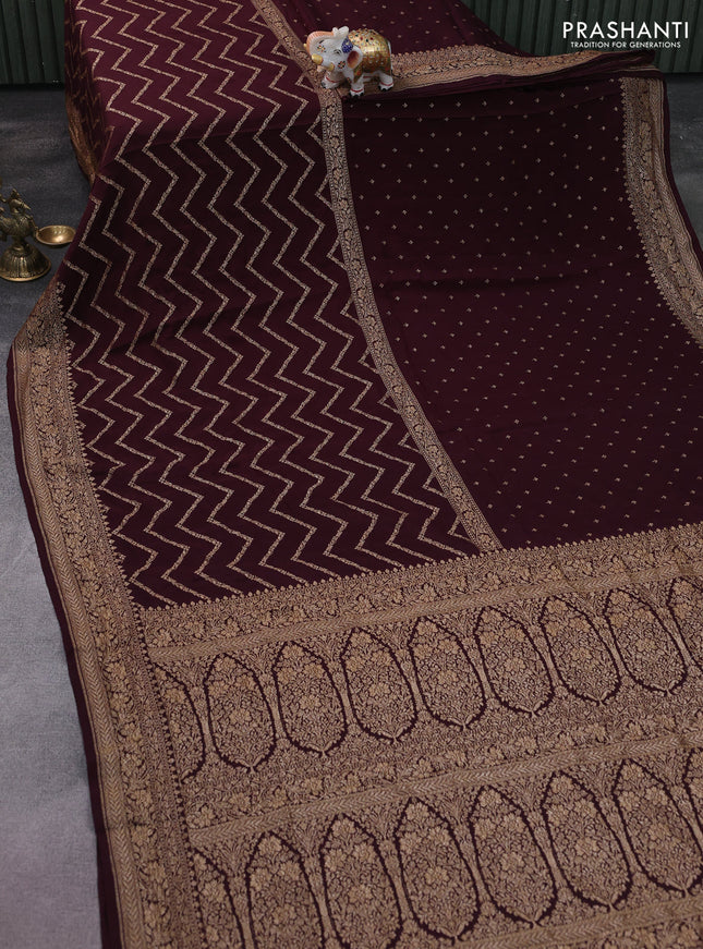 Banarasi crepe saree deep wine shade with half & half style and woven border