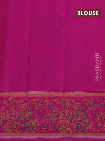 Uppada block printed silk saree dual shade of yellowish pink and pink with peacock butta prints and zari woven kalamkari printed border