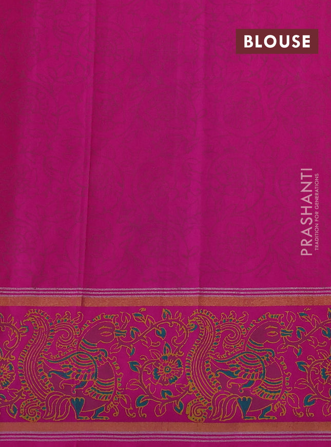 Uppada block printed silk saree dual shade of yellowish pink and pink with peacock butta prints and zari woven kalamkari printed border