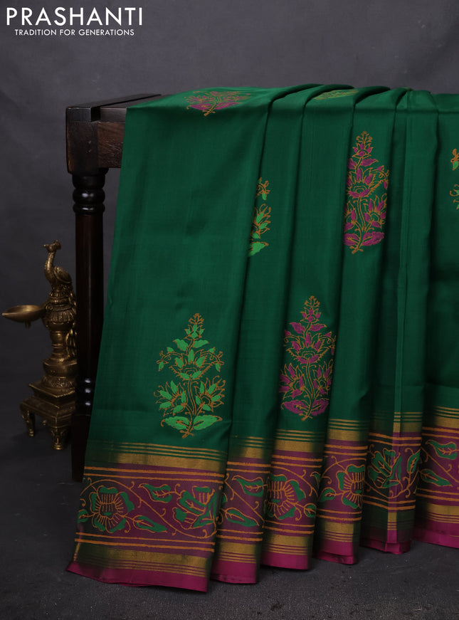 Uppada block printed silk saree green and pink with floral butta prints and zari woven printed border