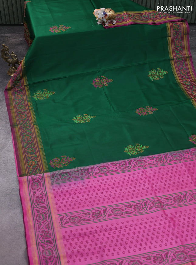 Uppada block printed silk saree green and pink with floral butta prints and zari woven printed border