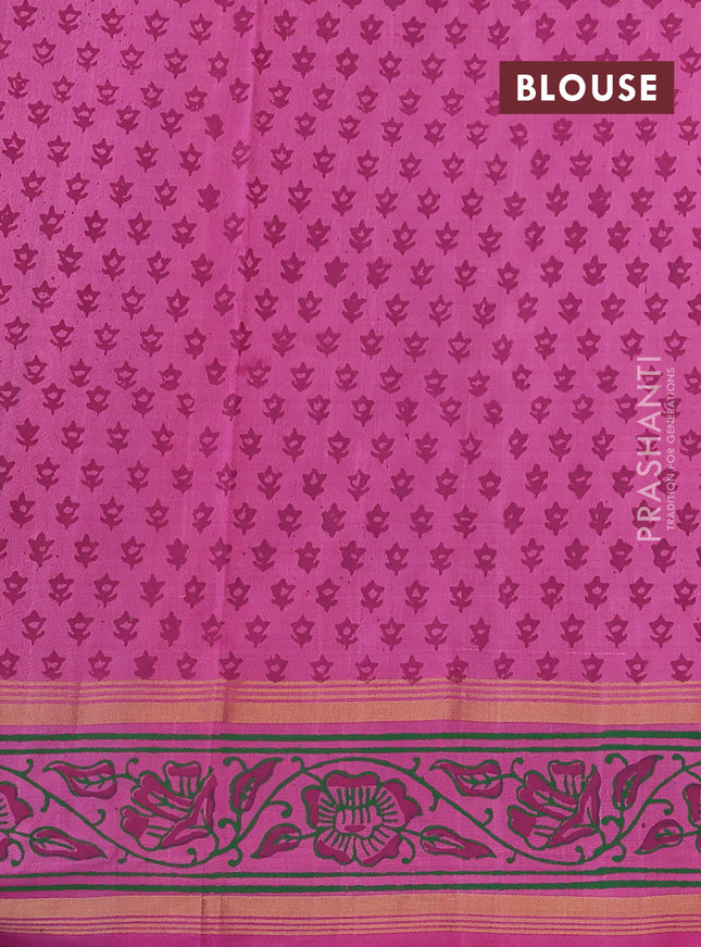 Uppada block printed silk saree green and pink with floral butta prints and zari woven printed border