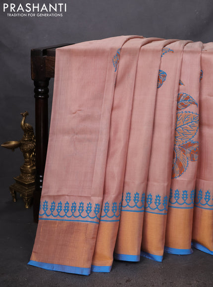 Uppada block printed silk saree pastel peach and cs blue with leaf butta prints and zari woven border