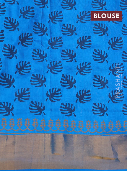 Uppada block printed silk saree pastel peach and cs blue with leaf butta prints and zari woven border