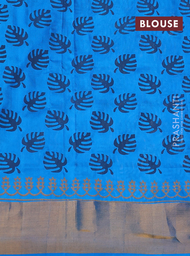 Uppada block printed silk saree pastel peach and cs blue with leaf butta prints and zari woven border