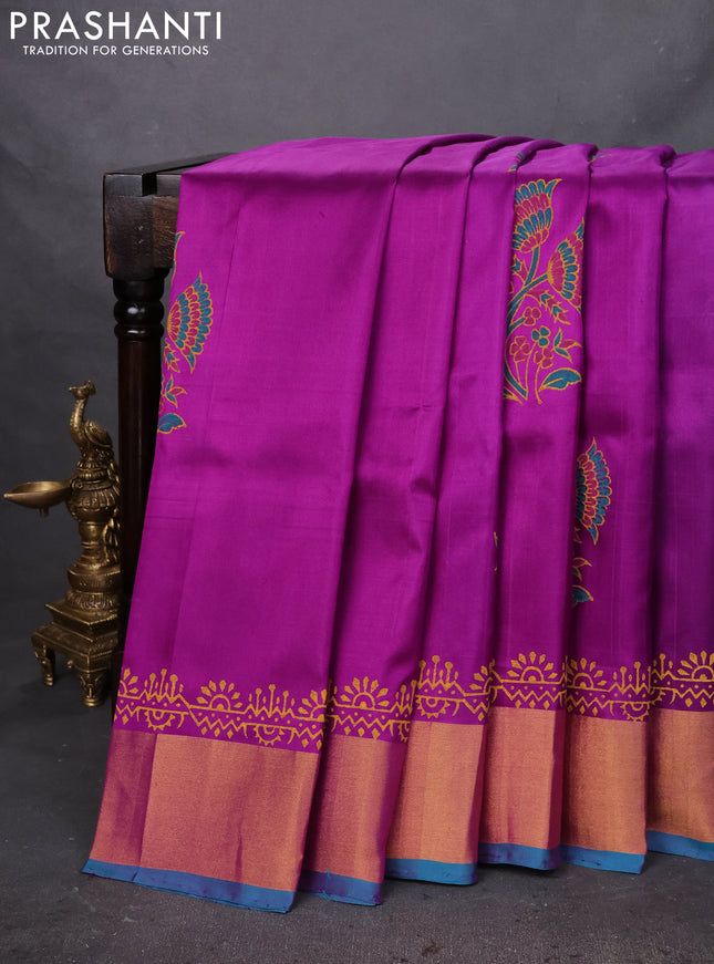 Uppada block printed silk saree purple and teal blue with floral butta prints and zari woven border