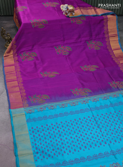 Uppada block printed silk saree purple and teal blue with floral butta prints and zari woven border