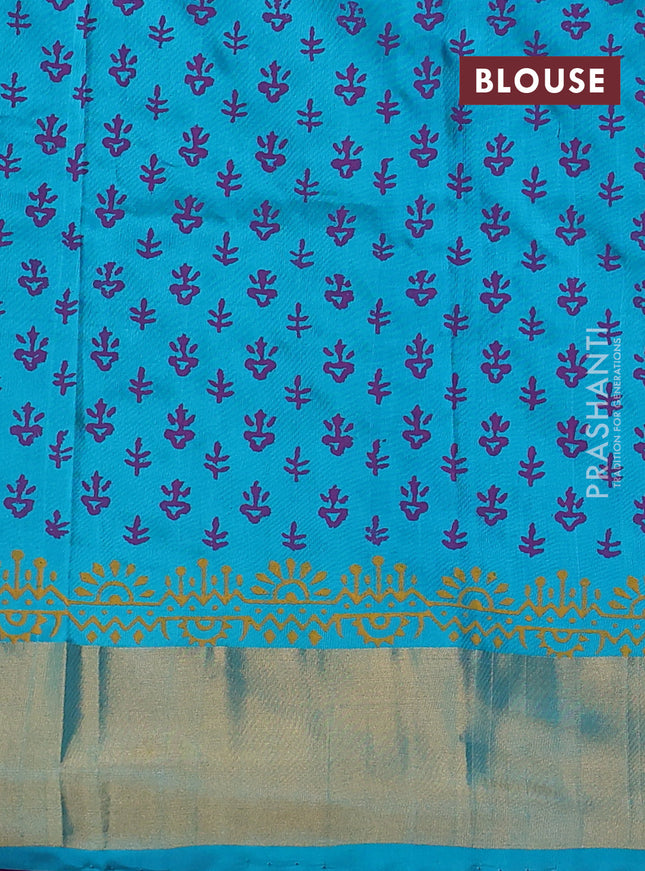 Uppada block printed silk saree purple and teal blue with floral butta prints and zari woven border