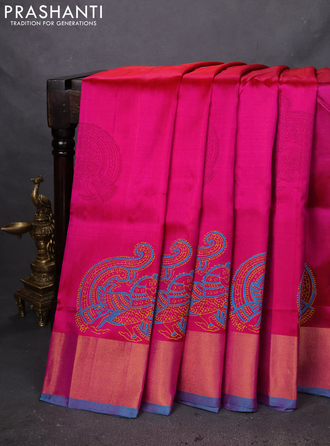 Uppada block printed silk saree pink and teal blue with butta prints and zari woven border
