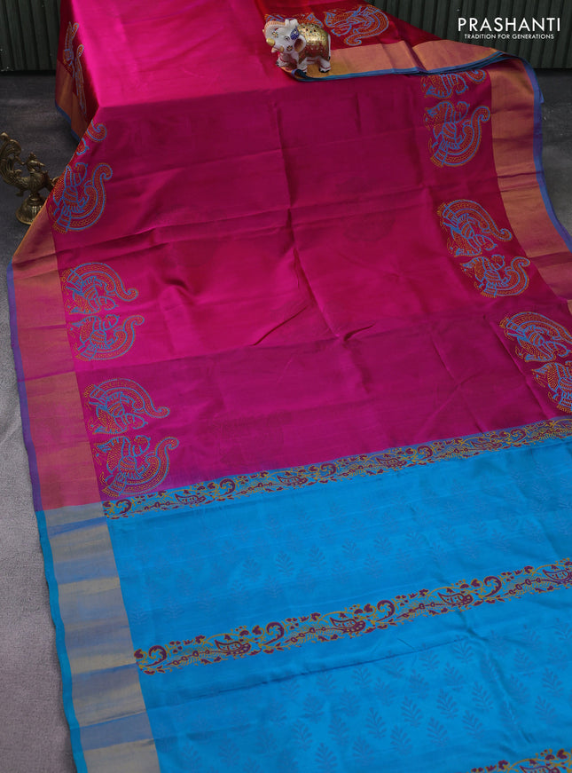 Uppada block printed silk saree pink and teal blue with butta prints and zari woven border