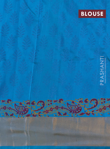 Uppada block printed silk saree pink and teal blue with butta prints and zari woven border