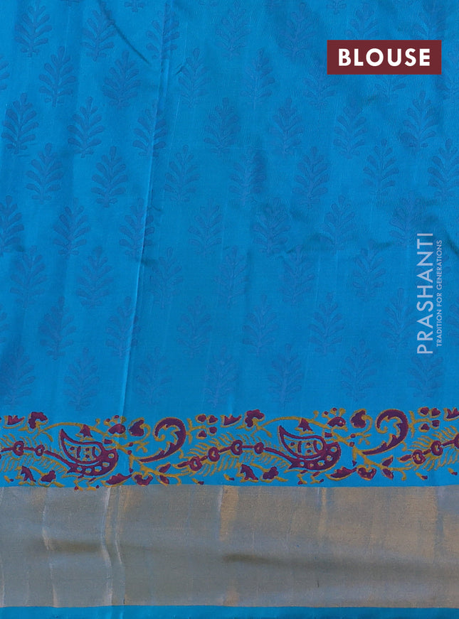 Uppada block printed silk saree pink and teal blue with butta prints and zari woven border