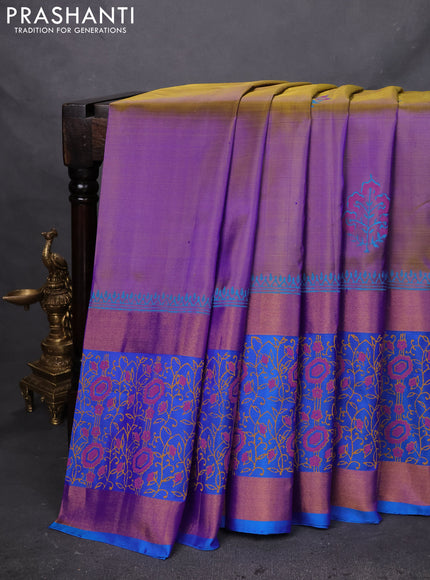 Uppada block printed silk saree dual shade of mustard yellowish violet and cs blue with butta prints and long zari woven printed borded
