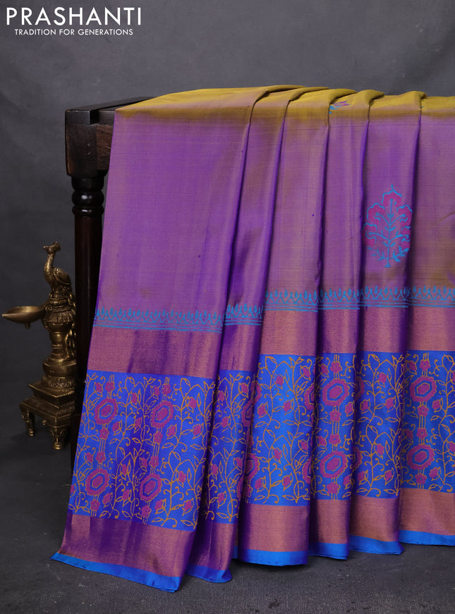Uppada block printed silk saree dual shade of mustard yellowish violet and cs blue with butta prints and long zari woven printed borded