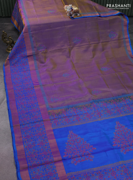 Uppada block printed silk saree dual shade of mustard yellowish violet and cs blue with butta prints and long zari woven printed borded