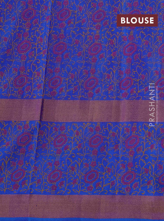 Uppada block printed silk saree dual shade of mustard yellowish violet and cs blue with butta prints and long zari woven printed borded