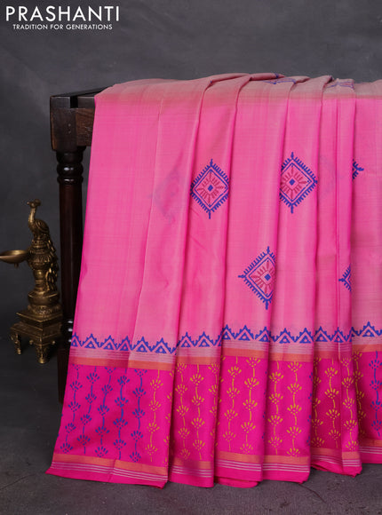 Uppada block printed silk saree light pink and pink with butta prints and zari woven printed border