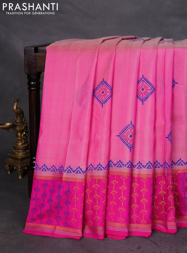 Uppada block printed silk saree light pink and pink with butta prints and zari woven printed border