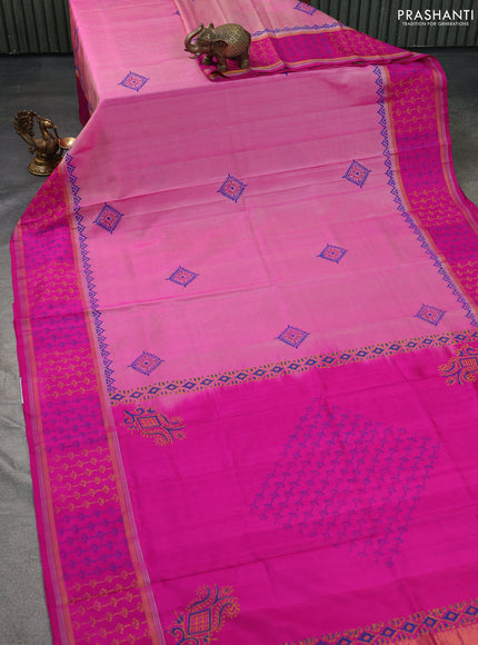 Uppada block printed silk saree light pink and pink with butta prints and zari woven printed border