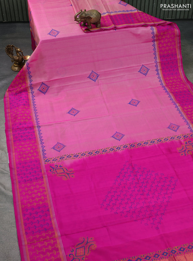 Uppada block printed silk saree light pink and pink with butta prints and zari woven printed border