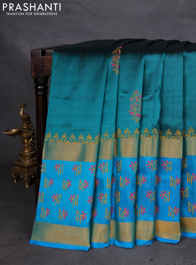 Uppada block printed silk saree peacock green and cs blue with butta prints and long zari woven printed border