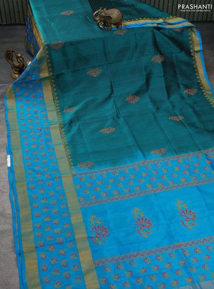 Uppada block printed silk saree peacock green and cs blue with butta prints and long zari woven printed border