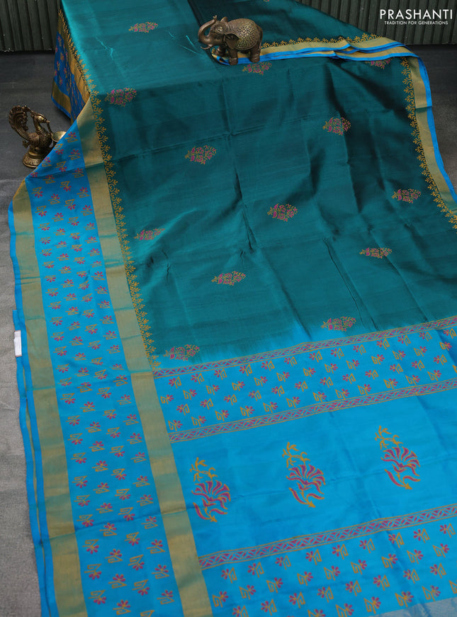 Uppada block printed silk saree peacock green and cs blue with butta prints and long zari woven printed border