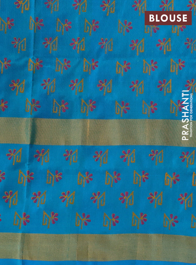 Uppada block printed silk saree peacock green and cs blue with butta prints and long zari woven printed border