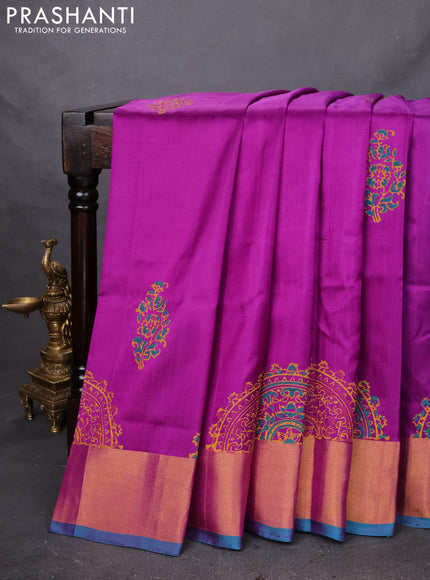 Uppada block printed silk saree purple and teal blue with floral butta prints and zari woven border