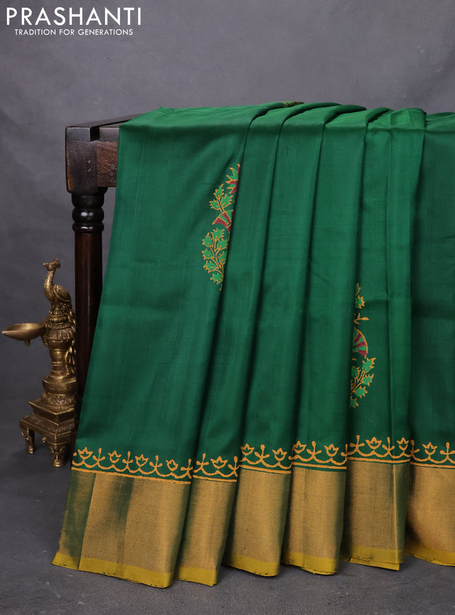 Uppada block printed silk saree green and yellow with floral butta prints and zari woven border