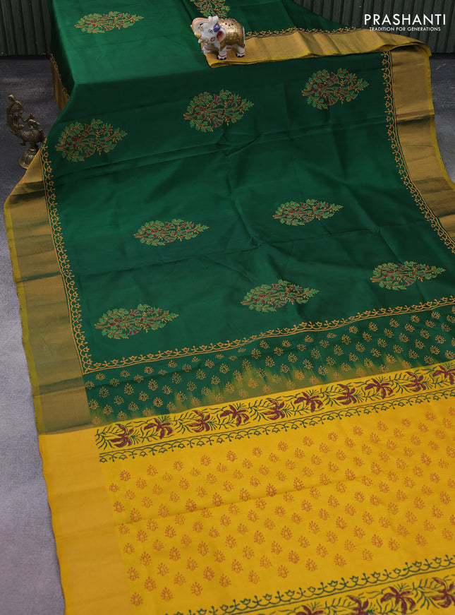Uppada block printed silk saree green and yellow with floral butta prints and zari woven border