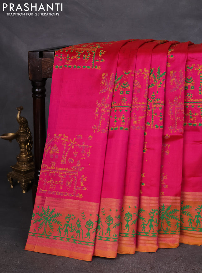 Uppada block printed silk saree pink and dual shade of mustard yellow with allover warli prints and zari woven printed border