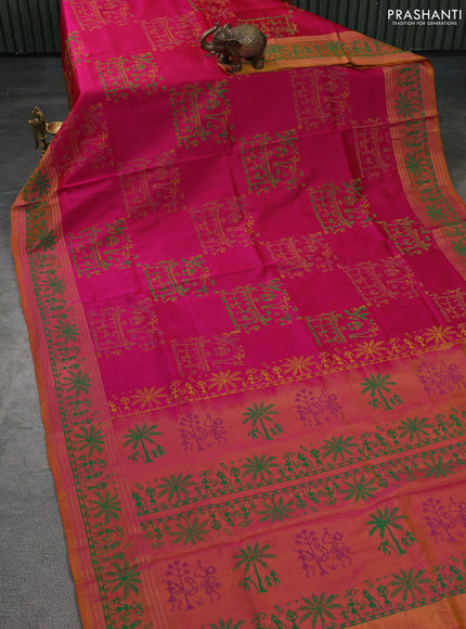 Uppada block printed silk saree pink and dual shade of mustard yellow with allover warli prints and zari woven printed border