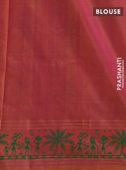 Uppada block printed silk saree pink and dual shade of mustard yellow with allover warli prints and zari woven printed border