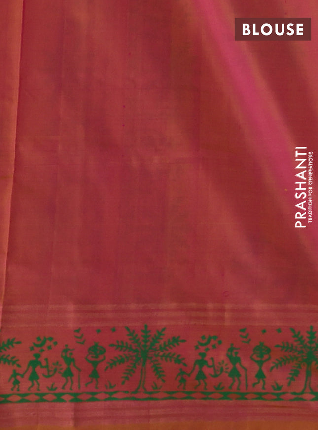 Uppada block printed silk saree pink and dual shade of mustard yellow with allover warli prints and zari woven printed border