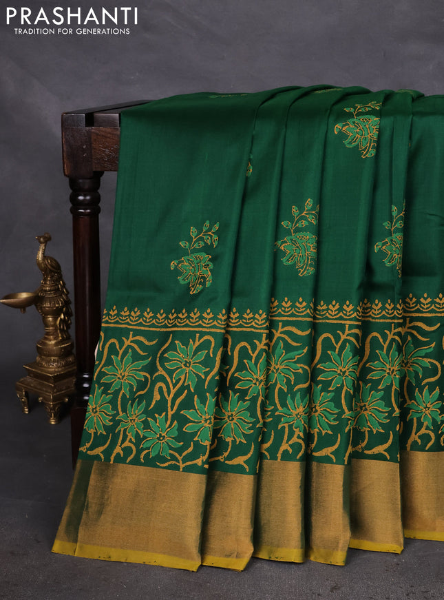 Uppada block printed silk saree green and yellow with butta prints and long printed zari border