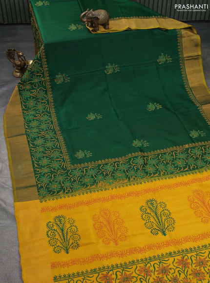 Uppada block printed silk saree green and yellow with butta prints and long printed zari border