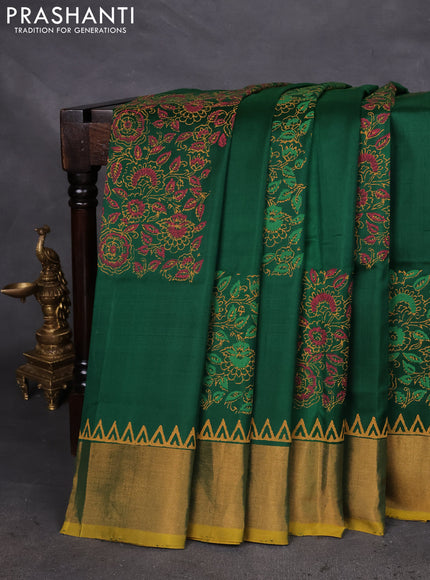 Uppada block printed silk saree green and yellow with floral prints and zari woven border