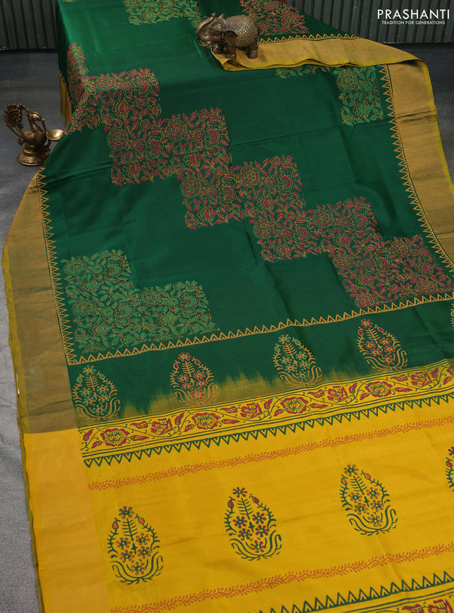 Uppada block printed silk saree green and yellow with floral prints and zari woven border