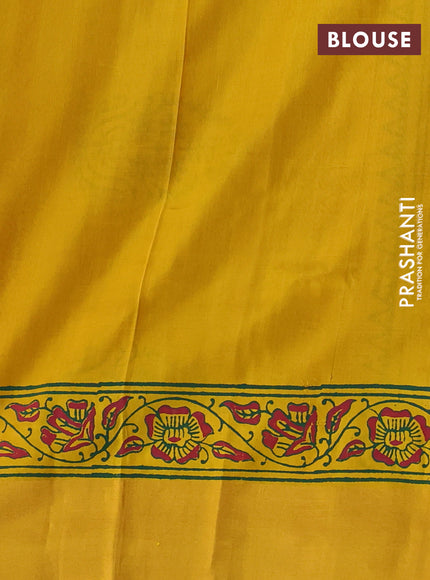 Uppada block printed silk saree green and yellow with floral prints and zari woven border