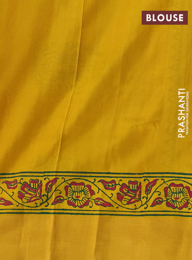 Uppada block printed silk saree green and yellow with floral prints and zari woven border