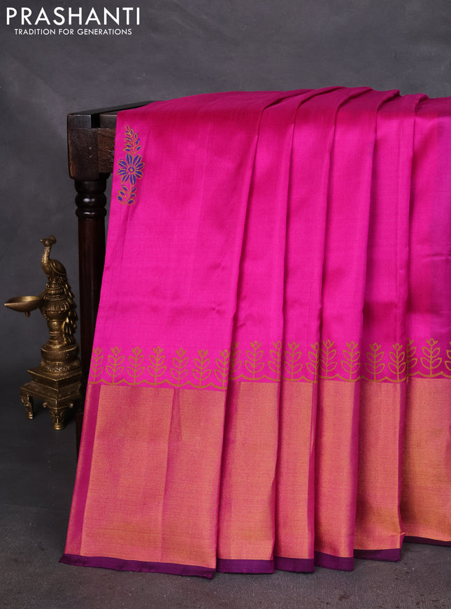 Uppada block printed silk saree pink and blue with floral butta prints ang long zari woven border