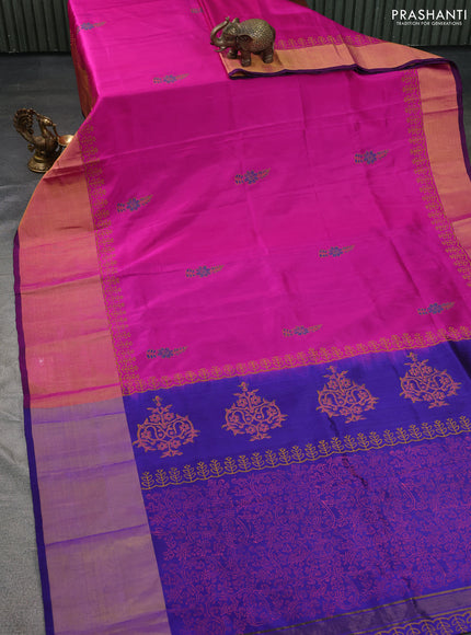 Uppada block printed silk saree pink and blue with floral butta prints ang long zari woven border