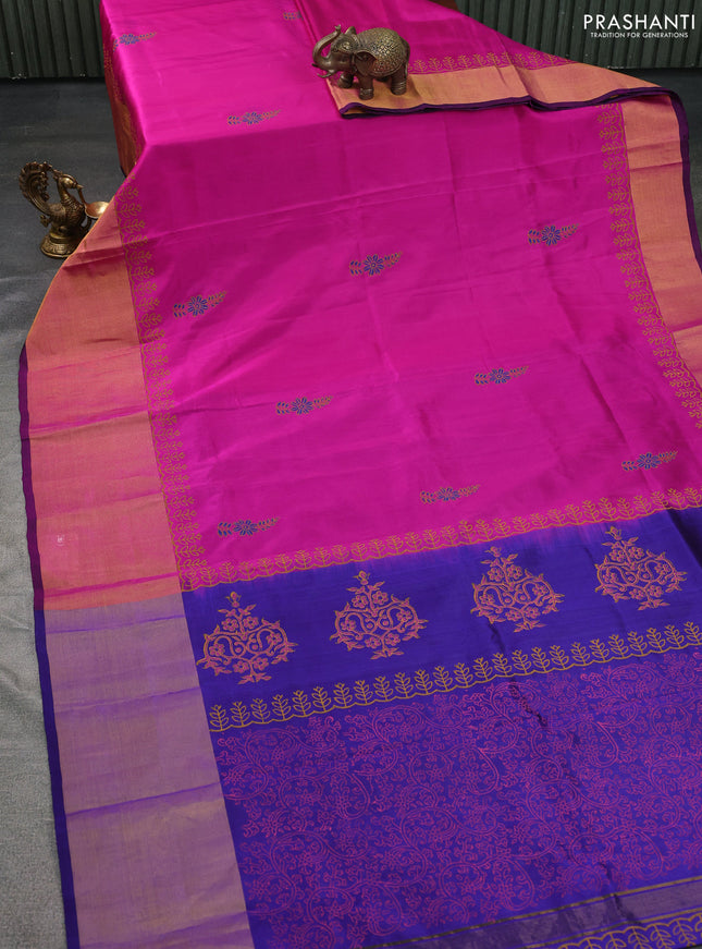 Uppada block printed silk saree pink and blue with floral butta prints ang long zari woven border