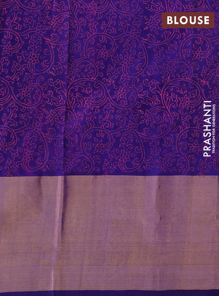 Uppada block printed silk saree pink and blue with floral butta prints ang long zari woven border