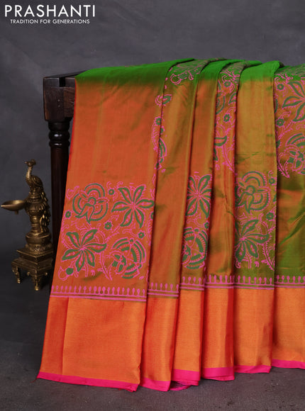 Uppada block printed silk saree dual shade of green and pink with prints and zari woven border