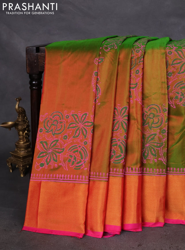 Uppada block printed silk saree dual shade of green and pink with prints and zari woven border