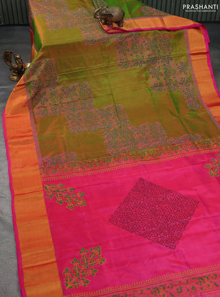 Uppada block printed silk saree dual shade of green and pink with prints and zari woven border